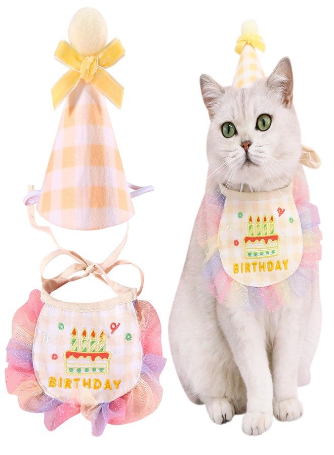 Kunyeah 2Pcs Pet Happy Birthday Hat Scarf Set - Cute Embroidered Cat Bandana Outfit - Cat Plaid Pattern Princess Costumes - Dog Lace Bib - Pet Party Supplies Decoration (Yellow) - Image 1